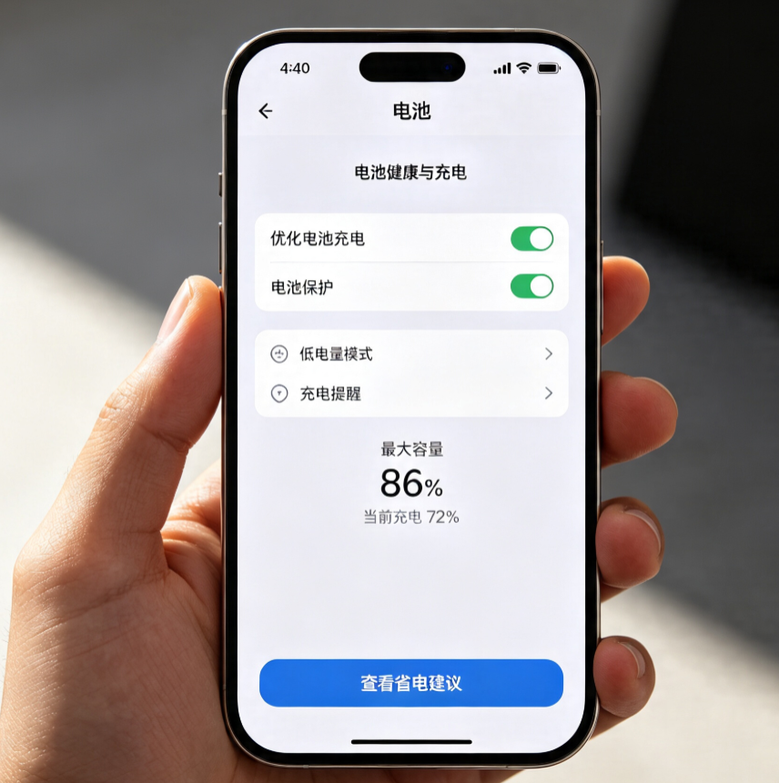 iPhone电池健康保护优化设置界面_苹果派
